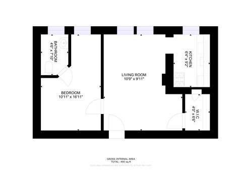 Floor plan for 1 bed, 1 bath, 484 sqft
